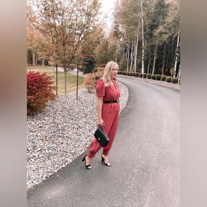 NWOT Zara Jumpsuit Puffy Short Sleeves dark pink cotton pleated cuffed ankles L